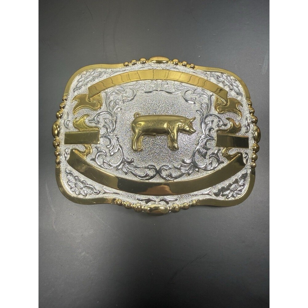 Crumrine Silver Gold Tone Show Pig Trophy Belt Buckle Blank Engravable Banner